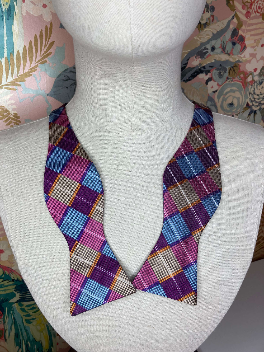 pink and blue check self tie bow tie