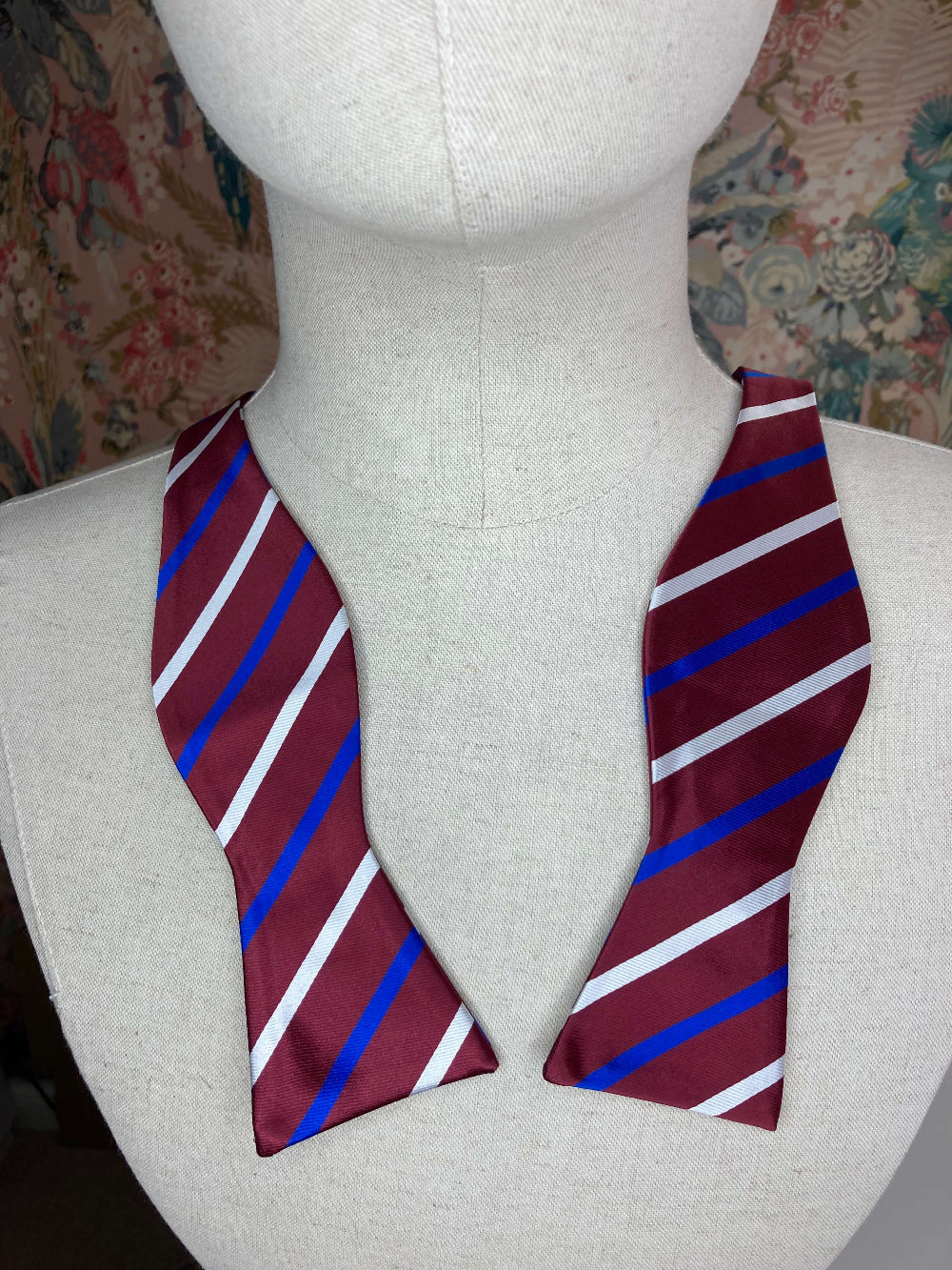 burgundy blue and white striped self tie bow tie
