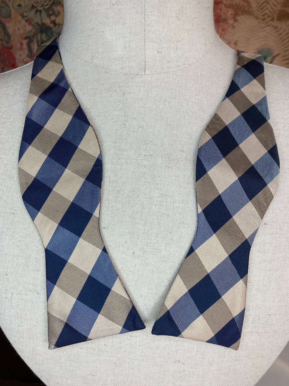 navy blue and champagne self tie bow tie