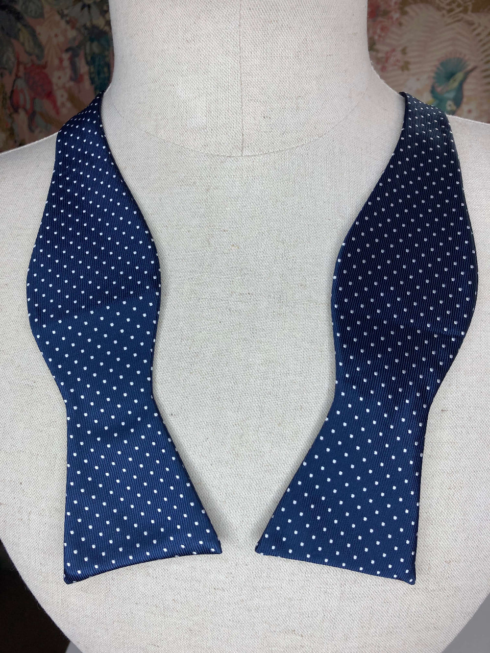 navy blue and white polka dot self tie bow tie