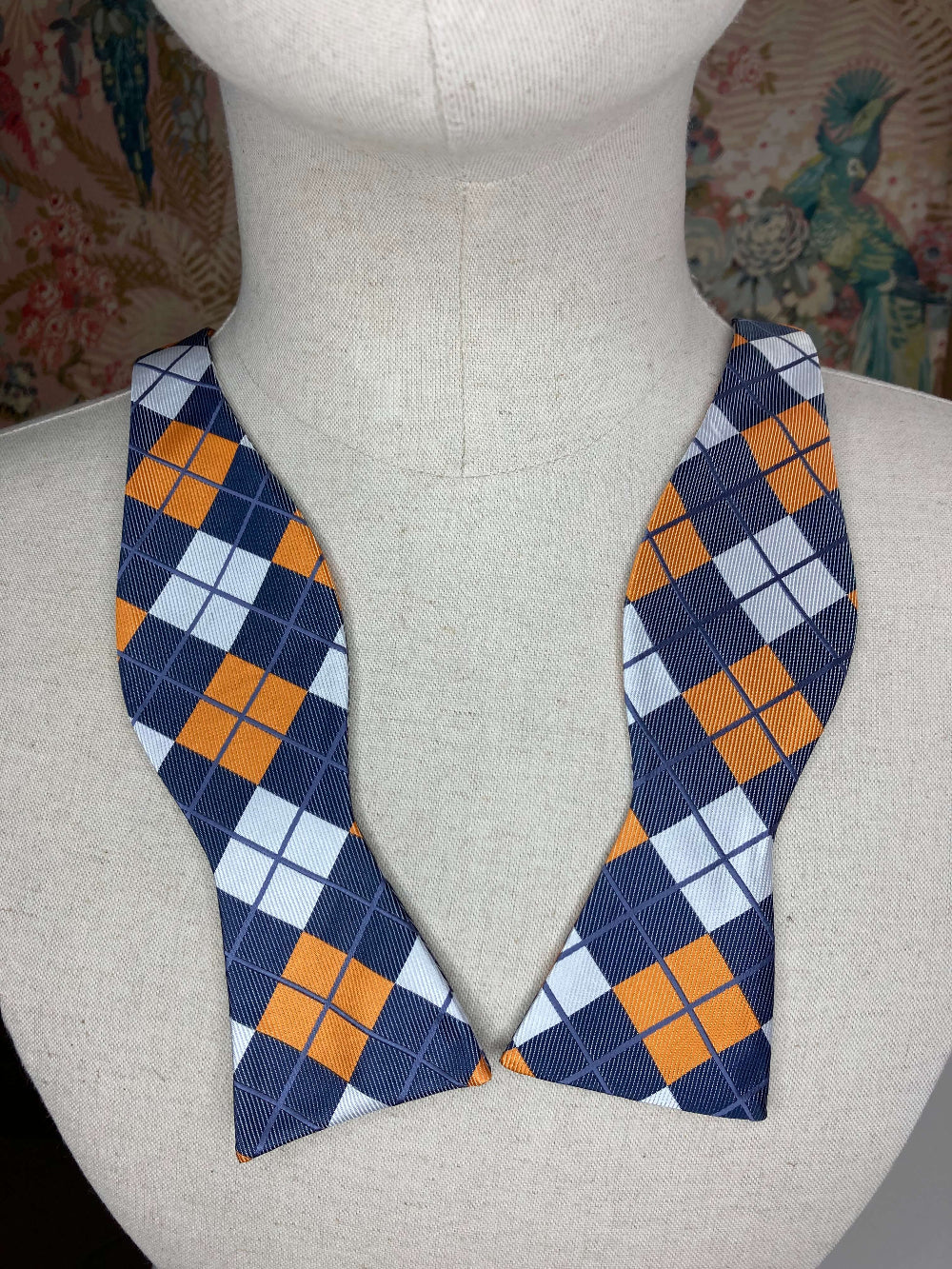 orange blue and white check self tie bow tie