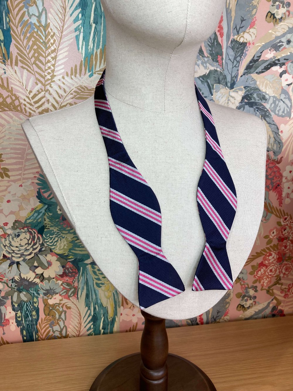 navy pink and silver white striped jacquard silk self tie bow tie
