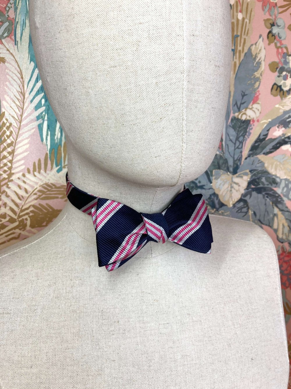 navy pink and silver white striped jacquard silk self tie bow tie