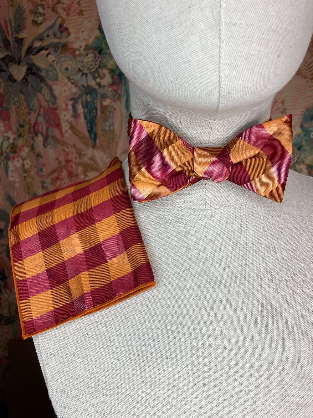 Red and Orange Check Self-Tie Bow Tie and matching pocket square