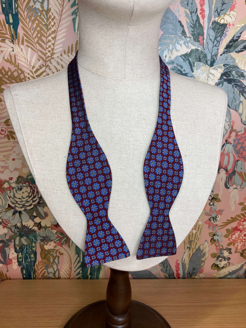 burgundy and blue flowers silk self tie bow tie