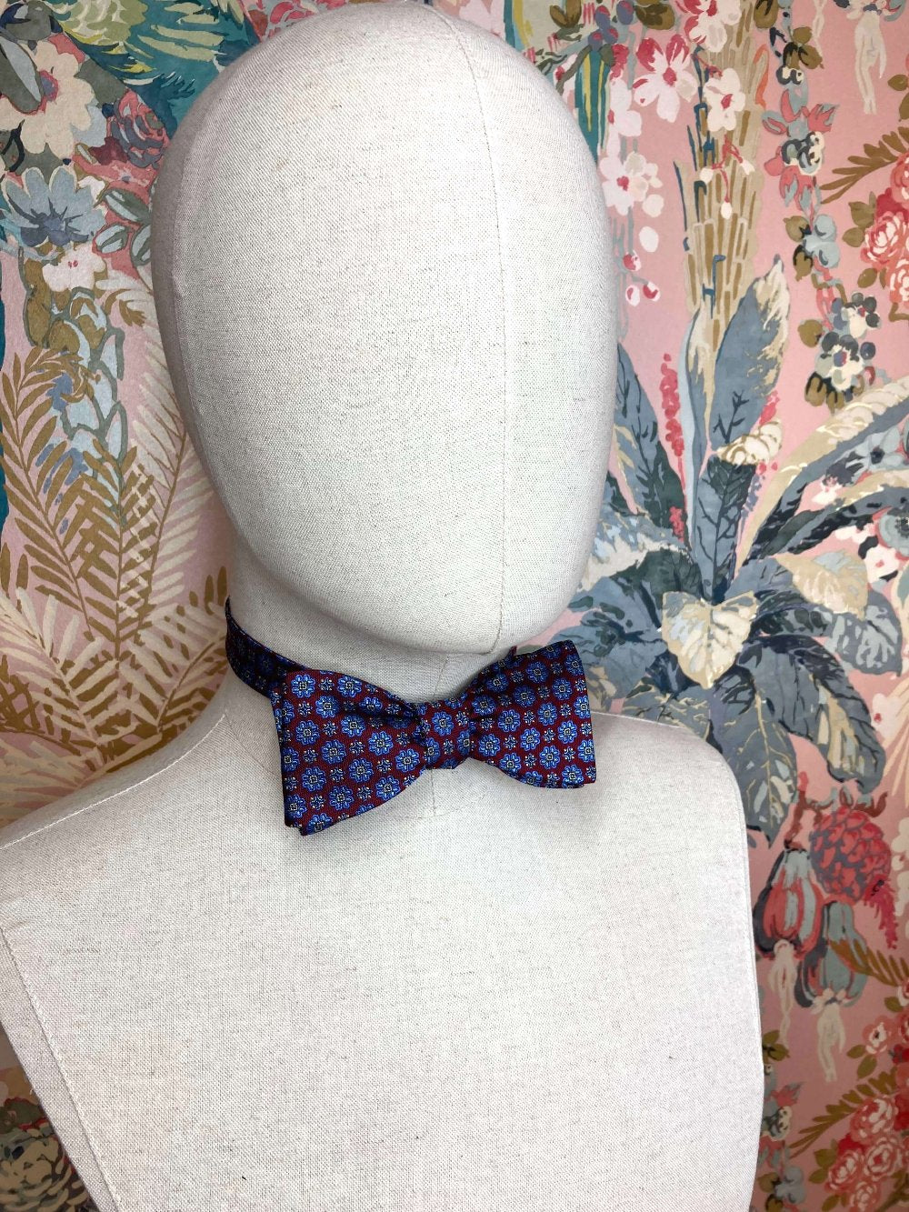 burgundy and blue flowers silk self tie bow tie