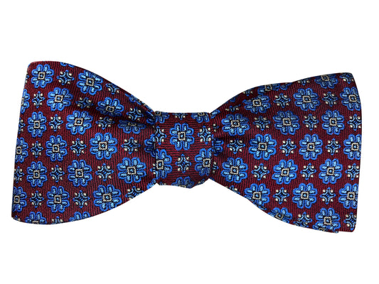 burgundy and blue flowers silk self tie bow tie