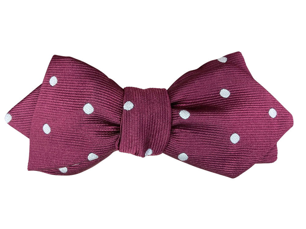 burgundy and white polka dot silk self tie bow tie
