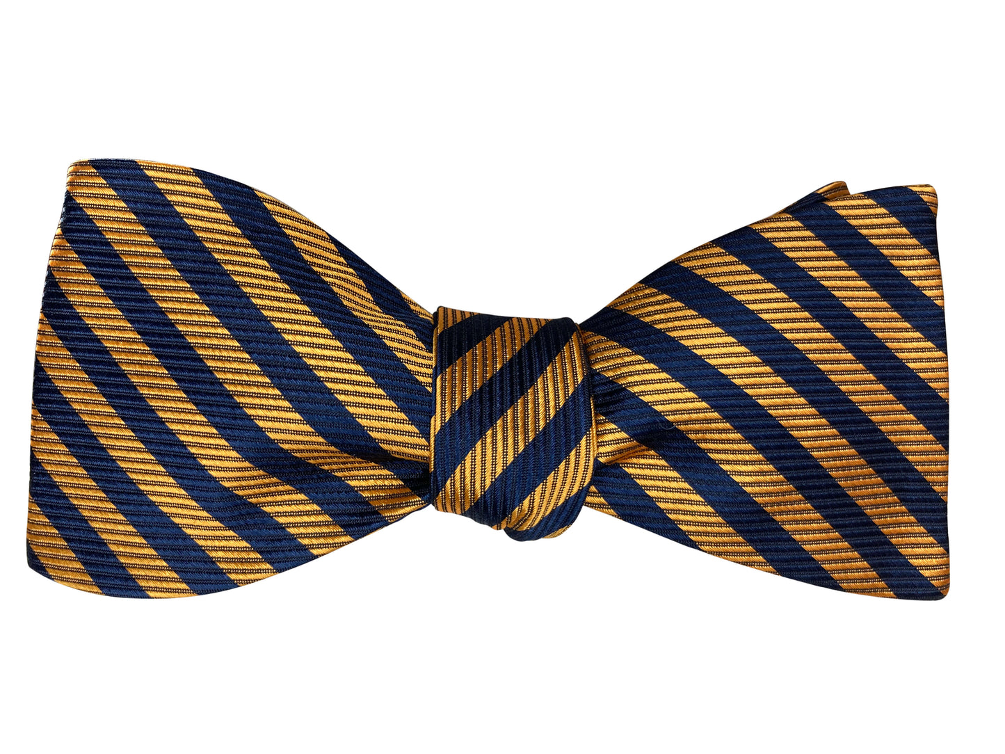 navy blue and old gold striped jacquard silk self tie bow tie