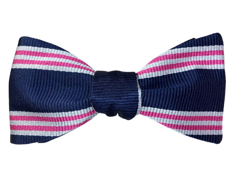 navy pink and silver white striped jacquard silk self tie bow tie