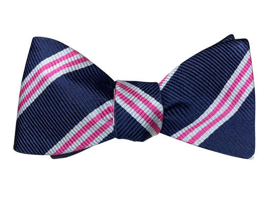 navy pink and silver white striped jacquard silk self tie bow tie