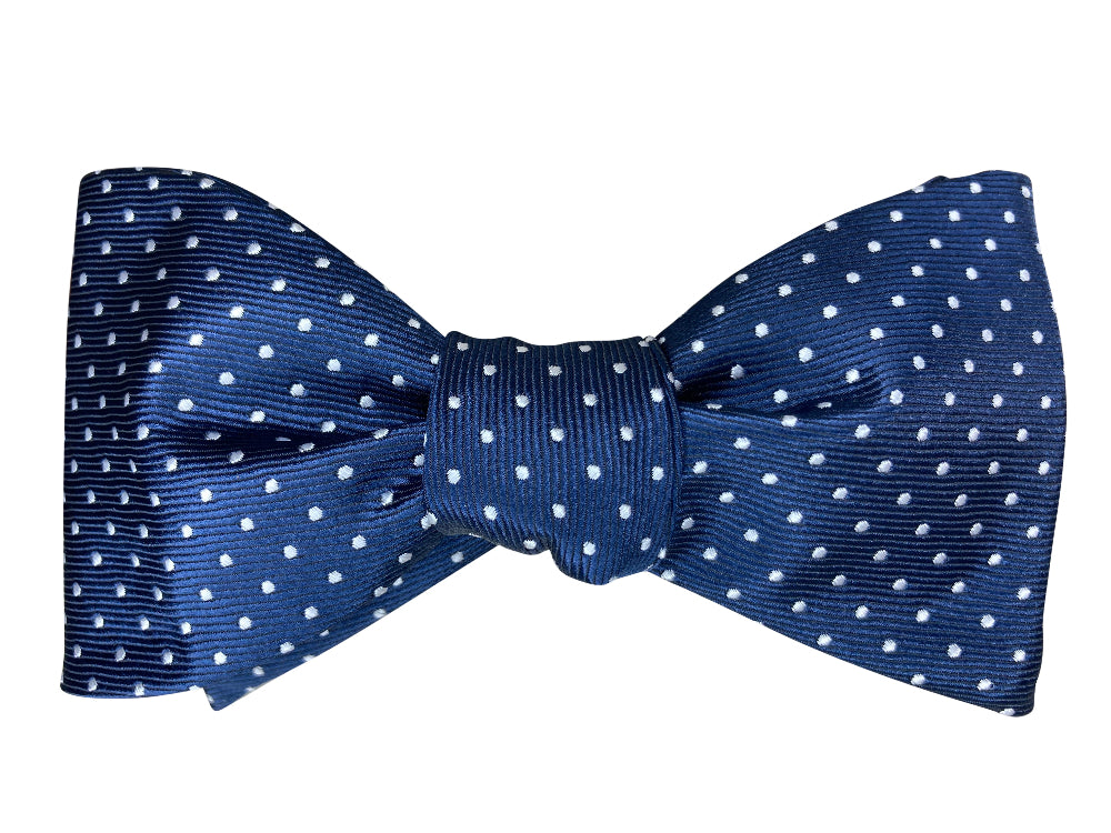 navy blue and white polka dot self tie bow tie
