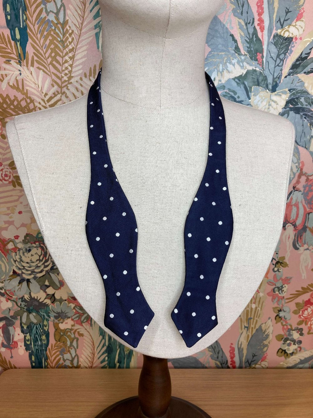 Winston Churchill navy blue and white polka dot jacquard silk self tie bow tie