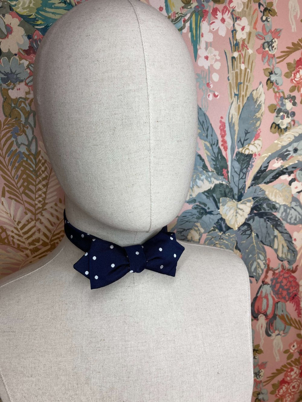 Winston Churchill navy blue and white polka dot jacquard silk self tie bow tie