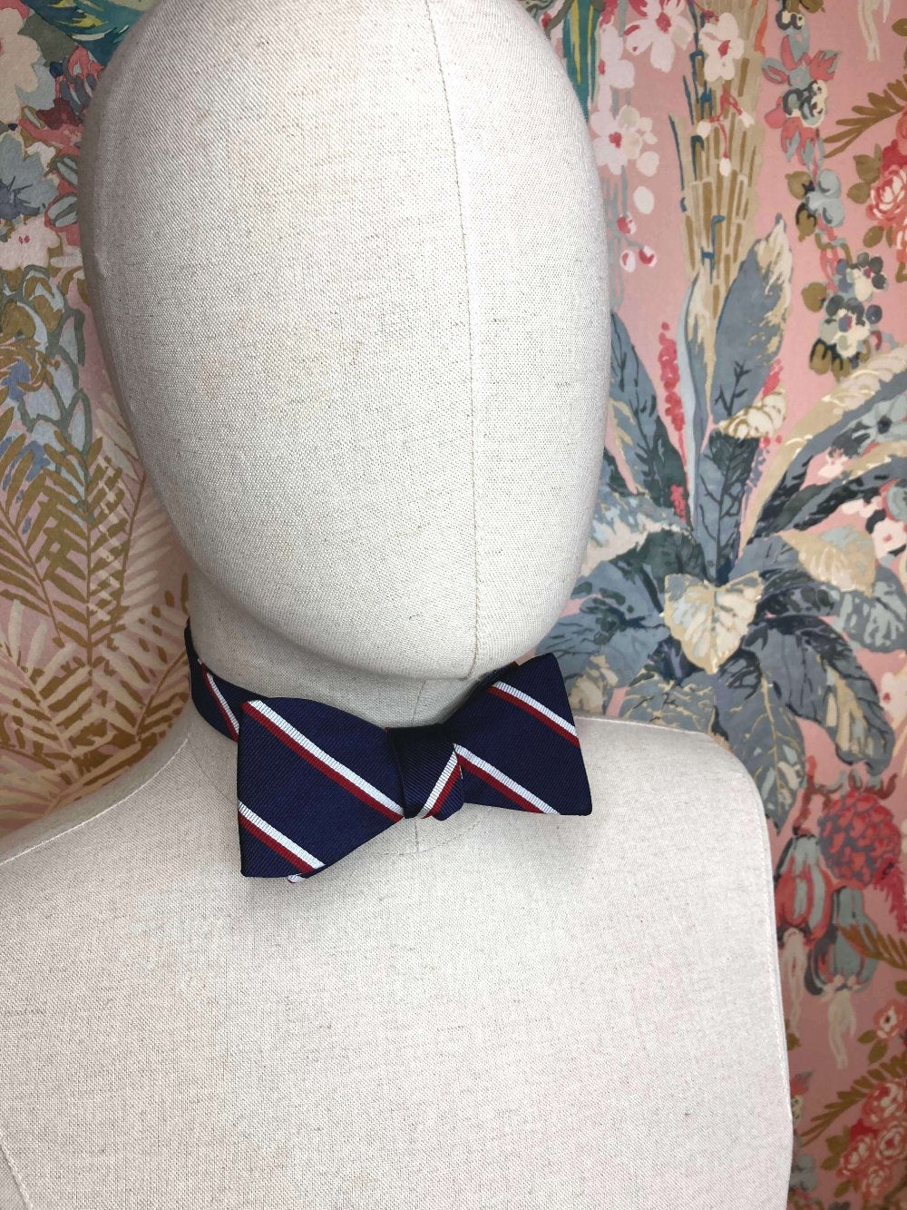 navy blue red and white striped jacquard silk self tie bow tie