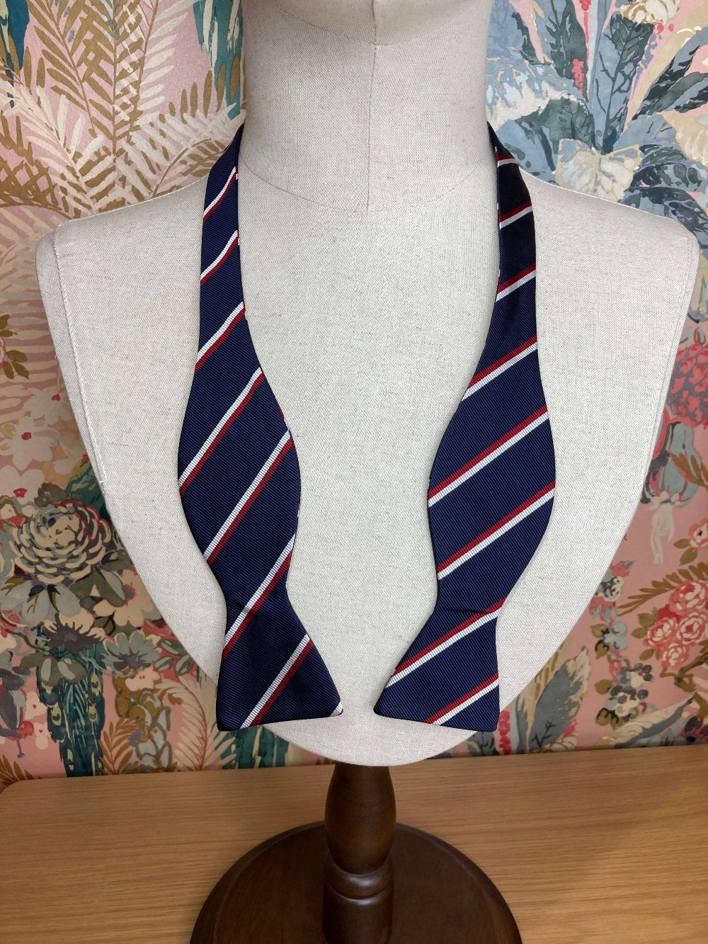 navy blue red and white striped jacquard silk self tie bow tie