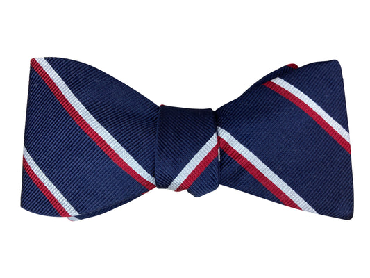 navy blue red and white striped jacquard silk self tie bow tie