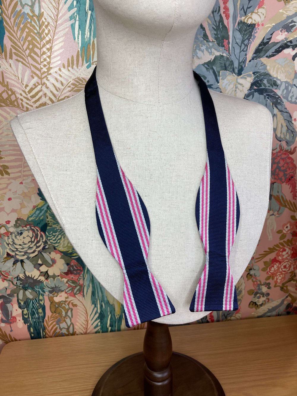 navy pink and silver white striped jacquard silk self tie bow tie