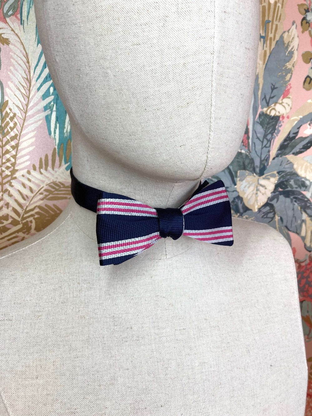 navy pink and silver white striped jacquard silk self tie bow tie