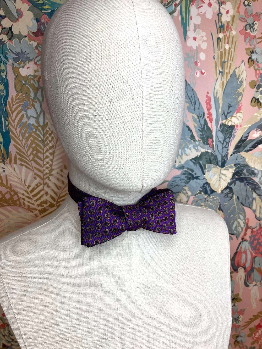 purple green and gold paisley silk self tie bow tie