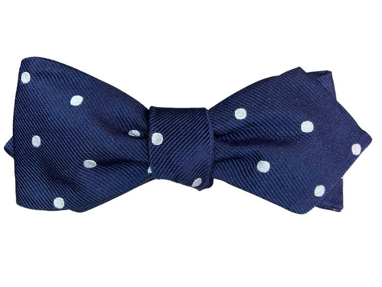 Winston Churchill navy blue and white polka dot jacquard silk self tie bow tie